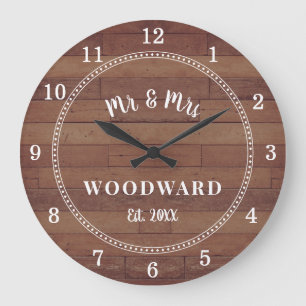 Grande Horloge Ronde Rustic M. Et Mme Monogrammed Mariage Newlyweds