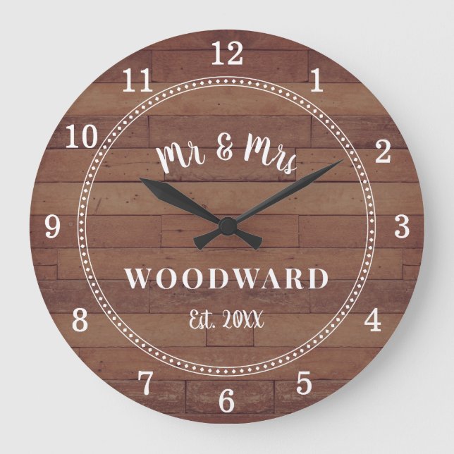 Grande Horloge Ronde Rustic M. Et Mme Monogrammed Mariage Newlyweds (Recto)