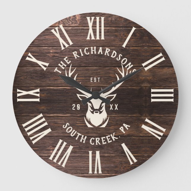 Grande Horloge Ronde Rustic Modern Custom Family Nom Farmhouse Wood (Recto)
