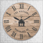 Grande Horloge Ronde Rustic Modern Farmhouse Personnalisé Nom de famill<br><div class="desc">Nom de famille personnalisé, ville, état et année établi Rustic Modern Wall horloge dans un style de ferme branché avec cadran d'horloge romain, illustration de grange, et de bois blanc clair plank / shiplap fond design. Un cadeau idéal pour les jeunes mariés, les mariages ou les grands-parents, ou pour un...</div>