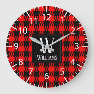 Grande Horloge Ronde Rustic Modern Red Buffalo Plaid Checkered Monogram