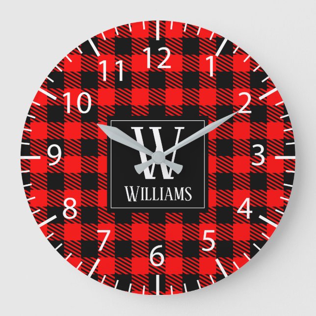 Grande Horloge Ronde Rustic Modern Red Buffalo Plaid Checkered Monogram (Recto)