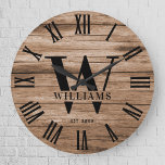 Grande Horloge Ronde Rustic Monogram Farmhouse Custom Family Name<br><div class="desc">Personalized Family Name, monogram, and year established Rustic Modern Wall clock in a trendy farmhouse style design with roman numeral clock face and light white wood plank / shiplap backdrop design. Perfect gift for newlyweds, wedding or housewarming present or grandparents gift, or for a home make-over in your cabin, cottage,...</div>
