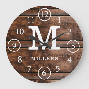 Grande Horloge Ronde Rustic Monogrammed Dark Nom de famille du bois Bro