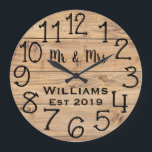 Grande Horloge Ronde Rustic Personalized Brown Wood Custom<br><div class="desc">Beautiful, unique, one-of-a-kind personalized design features a faux-rustic brown wood with black personalization his and her names in a script font overlay design and the last name and year established in a bold script with a printed wood effect background. Personalize this clock by adding your personal information. Makes a great...</div>