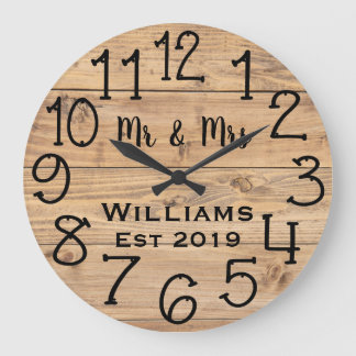 Grande Horloge Ronde Rustic Personalized Brown Wood Custom