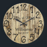 Grande Horloge Ronde Rustic Personalized Brown Wood Custom<br><div class="desc">Beautiful, unique, one-of-a-kind personalized design features a faux-rustic brown wood with black personalization his and her names in a script font overlay design and the last name and year established in a bold script with a printed wood effect background. Personalize this clock by adding your personal information. Makes a great...</div>