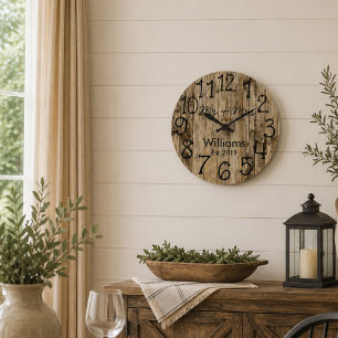 Grande Horloge Ronde Rustic Personalized Brown Wood Custom