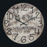 Grande Horloge Ronde Rustic Personalized Grey Wood Custom Large Clock<br><div class="desc">Beautiful, unique, one-of-a-enfant personnalized design objets a faux-rustic grey wood with black personalization his and her names in a script overlay design and the last name and year established in a bold script with a printed wood effect background. Personalize this clock by adding your information personnel. Makes a great wedding,...</div>