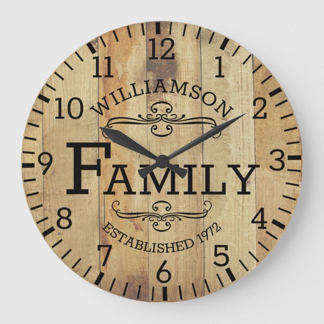 Grande Horloge Ronde Rustic Plank Wood Anniversary Family Custom (Recto)