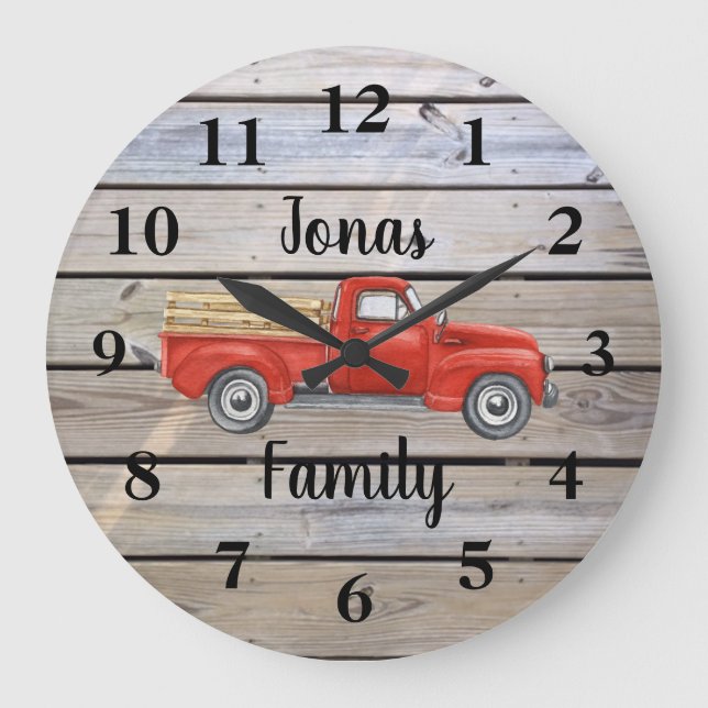 Grande Horloge Ronde Rustic Red Truck Wood Nom de famille (Recto)