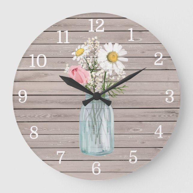 Grande Horloge Ronde Rustic Rose et Daisies Mason Jar Clock (Recto)
