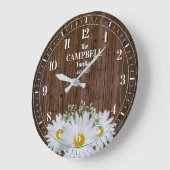 Grande Horloge Ronde Rustic Shasta Daisy et Wood Nom de famille (Angle)