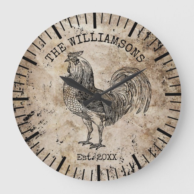 Grande Horloge Ronde Rustic Vintage Antique Family Nom Ferme Chicken (Recto)