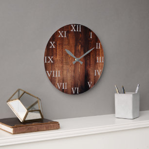 Grande Horloge Ronde Rustic vintage dark wood Roman Numbers