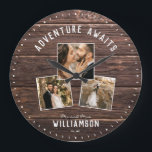Grande Horloge Ronde Rustic Wedding Photo Collage Keepsake moderne<br><div class="desc">Modern 3 photo collage wedding clock with a customizable message now reading ADVENTURE AWAITS with 3 frames of favorite pictures underneath on a rustic farmhouse style (printed) wood background. Make it your own by adding your family name and year established below. Unique et le personnel keepsake vendent pour les newlyweds...</div>