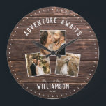 Grande Horloge Ronde Rustic Wedding Photo Collage Keepsake moderne<br><div class="desc">Modern 3 photo collage wedding clock with a customizable message now reading ADVENTURE AWAITS with 3 frames of favorite pictures underneath on a rustic farmhouse style (printed) wood background. Make it your own by adding your family name and year established below. Unique et le personnel keepsake vendent pour les newlyweds...</div>