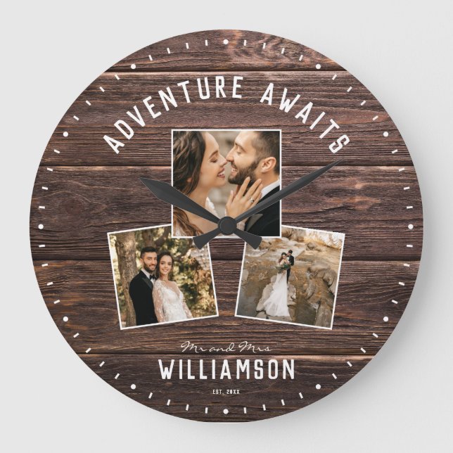 Grande Horloge Ronde Rustic Wedding Photo Collage Keepsake moderne (Recto)