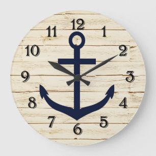 Grande Horloge Ronde Rustic White Faux Wood with Anchor