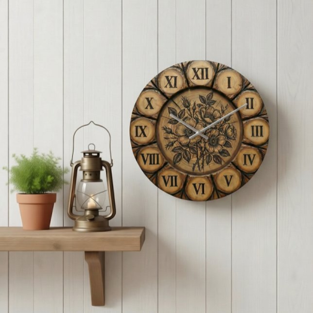Grande Horloge Ronde Rustic Wild Rose Wall Clock | Wood-Look Farmhouse  (Créateur téléchargé)