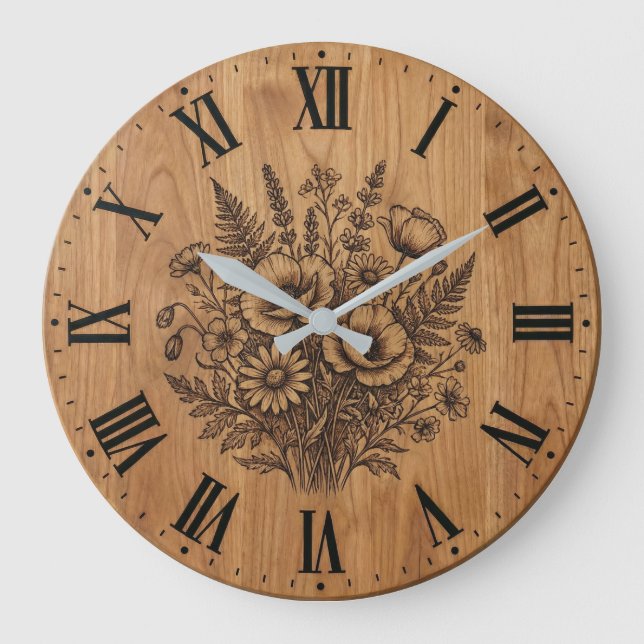 Grande Horloge Ronde Rustic Wildflower Bouquet Wall Clock  (Recto)