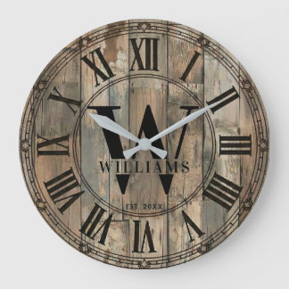 Grande Horloge Ronde Rustic Williams Family Monogram Clock | Wood-Look