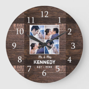 Grande Horloge Ronde Rustic Wood 4 Photo Collage Wedding Anniversary