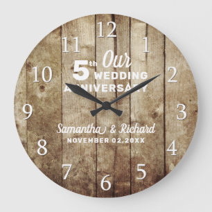 Grande Horloge Ronde Rustic Wood 5th Wedding Anniversary Personalized  