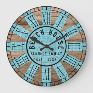Grande Horloge Ronde Rustic Wood Aqua Beach House Chiffres romains noir