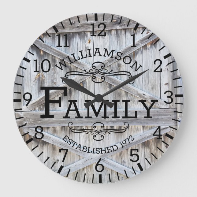 Grande Horloge Ronde Rustic Wood Barn Door Family Nom Custom (Recto)