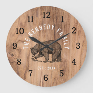 Grande Horloge Ronde Rustic Wood Black Bear Cabine Maison Nom de famill