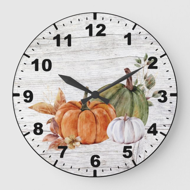 Grande Horloge Ronde Rustic Wood Fall Autumn Pumkins Greenery (Recto)