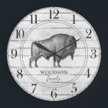 Grande Horloge Ronde Rustic Wood Family<br><div class="desc">Rustic white washed barn wood walking bison buffalo family name large clock for your cabin,  lake house,  tiny house or any rustic woodlands,  wilderness,  or country setting. The stylish script and serif typeface contrasts gives this design a contemporain rustic vibe.</div>