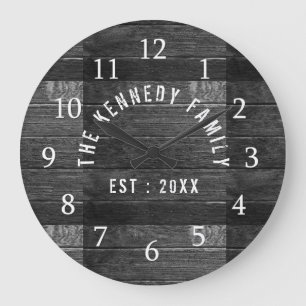 Grande Horloge Ronde Rustic Wood Family Name Farmhouse