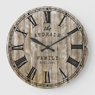 Grande Horloge Ronde Rustic Wood Family Nom Roman Numeral Farmhouse