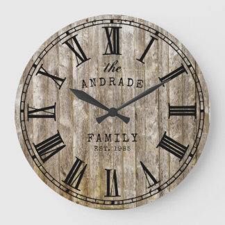 Grande Horloge Ronde Rustic Wood Family Nom Roman Numeral Farmhouse