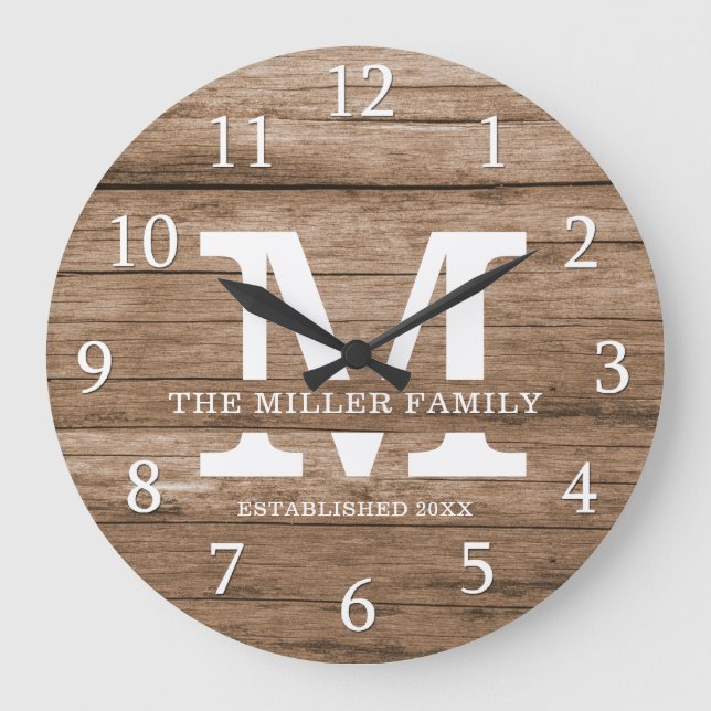 Grande Horloge Ronde Rustic Wood Farmhouse Nom de famille Monogramme (Recto)