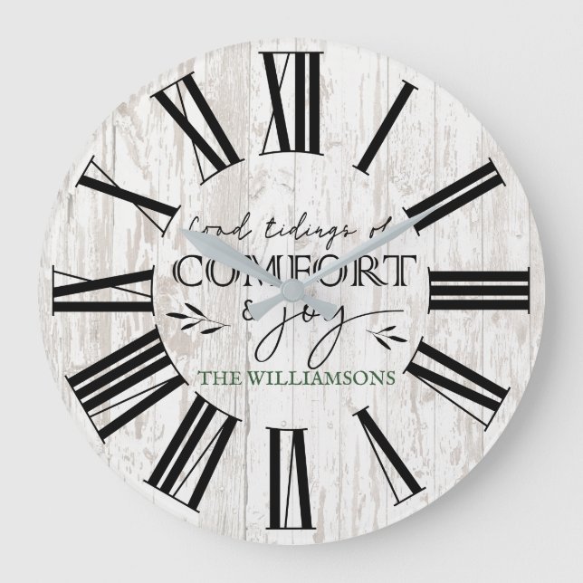 Grande Horloge Ronde Rustic Wood Farmhouse Salutation Nom de famille (Recto)