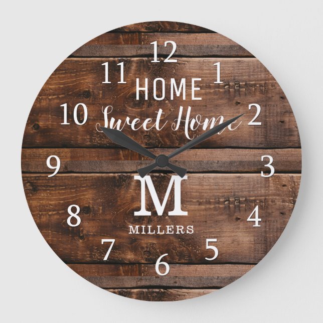 Grande Horloge Ronde Rustic Wood Home Sweet Home Monogram Family Name (Recto)