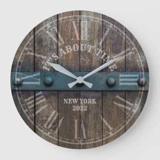 Grande Horloge Ronde Rustic Wood Metal Antique personalize