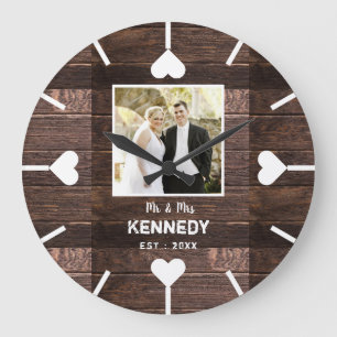 Grande Horloge Ronde Rustic Wood Personalized Wedding Anniversary