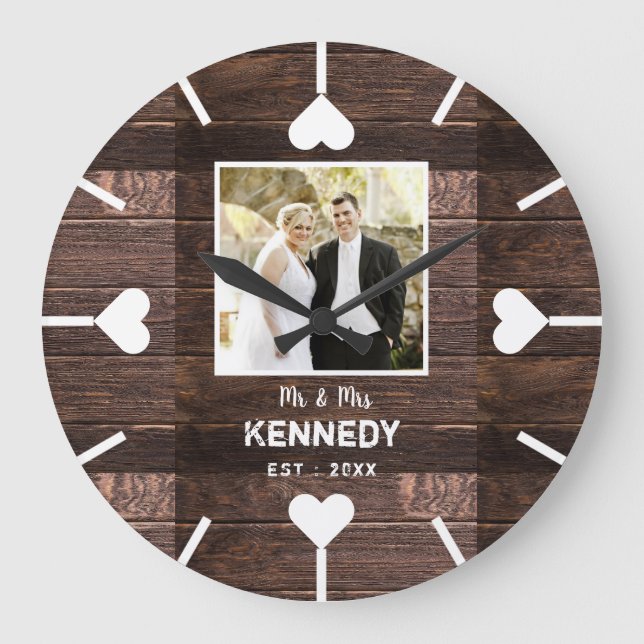 Grande Horloge Ronde Rustic Wood Personalized Wedding Anniversary (Recto)