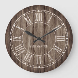 Grande Horloge Ronde Rustic Wood Roman Numéros Pays Farmhouse Nom