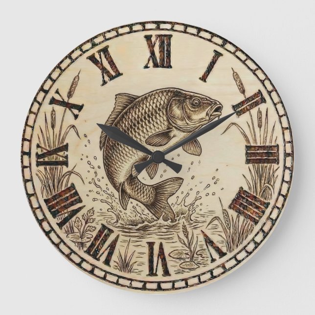 Grande Horloge Ronde Rustic Woodburned Fish Wall Clock (Recto)