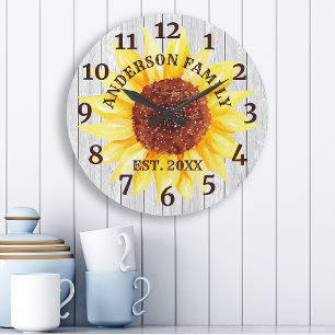 Grande Horloge Ronde Rustique Blanc Grange Bois Tournesol Nom personnal