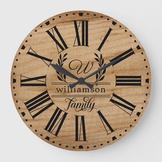 Grande Horloge Ronde Rustique Brown Wood Custom Nom de famille Ferme (Recto)