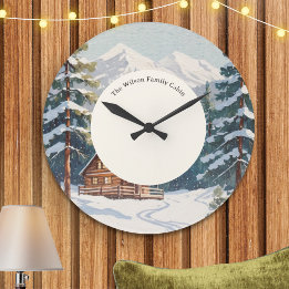Grande Horloge Ronde Rustique Campagne Scène de neige Vacances Famille