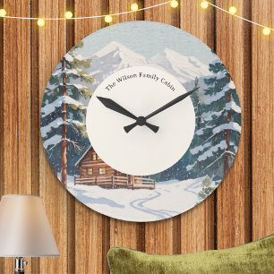 Grande Horloge Ronde Rustique Campagne Scène de neige Vacances Famille