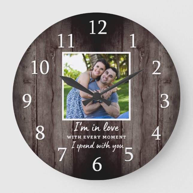 Grande Horloge Ronde Rustique Mariage en bois foncé Anniversaire Amour  (Recto)