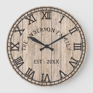 Grande Horloge Ronde Rustique Monogram Farmhouse Nom de famille personn